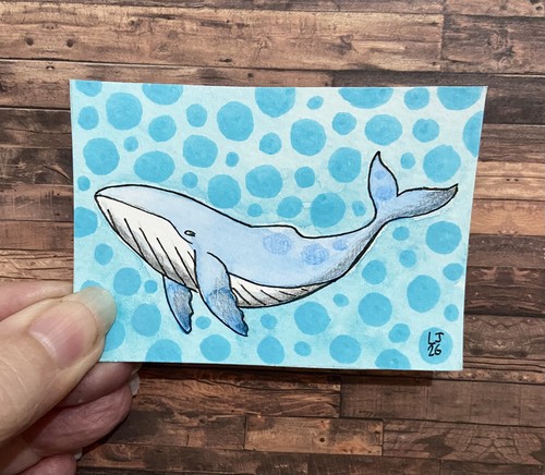 Aceo original folk art whale - original,