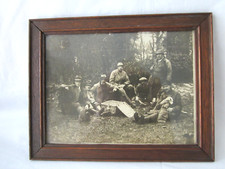 Antique Oak Framed Photo ? Shooting Party Having a Picnic & ? WW1 Soldier & Dog
