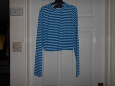 M61: Primark, blue/white stripe, long sleeve, short, polo neck jumper, 12/14