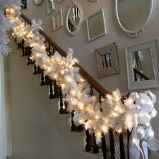 9ft Christmas Garland with Lights LED Xmas Bushy Tip White Stairs Door Fireplace