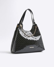 River Island Womens Slouch Bag Black Embossed RI Monogram Print Chain Strapped