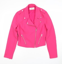Zara Trafaluc Women’s Pink Biker Jacket Size L Zip Detail Long Sleeve