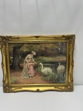 Framed Painting ‘Feeding the Swans’ by George Sheridan Knowles Gold Frame