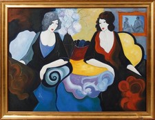 Vintage Mid-century Acrylic on Canvas Painting Art Deco Style MARY VARLEY