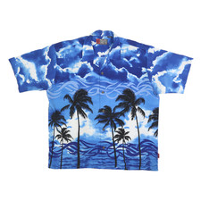 PINEAPPLE COLLECTION Mens Blue Hawaiian Shirt L Tropical Palm Tree Print
