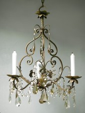 Antique Wrought Iron Candle Chandelier. Profusely Draped With Crystal Drops.