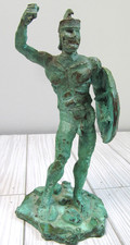 Ancient Roman Soldier Aged Green Copper Bronze Figure Statue Shield 6.5" Vtg Q4