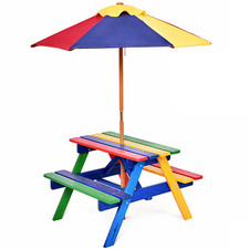 Kids Picnic Table Bench Set Children 4 Seat Activity Play Table with Umbrella
