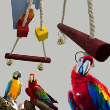 00252 Wooden Large Parrot Birds Toys Perch Stand Budgie Chew Hanging Swing Bells