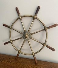 ANTIQUE JOHN HASTIE & CO LTD GREENOCK SCOTLAND BRASS & WOOD SHIPS WHEEL BOAT