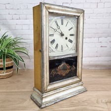 Antique Cottage Mantel Shelf Clock Pendulum Wind Up Working Silver Wooden Case