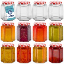 HEFTMAN Hexagonal Jam Jars 480ml Preserving Small Pickling Glass Lids Airtight