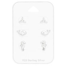Beach Set of Ear Studs 925 Sterling Silver Earrings Whale Tail & Seahorse