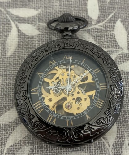 Black skeleton pocket watch - black,