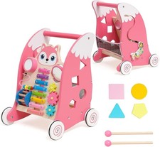 Wooden Baby Walker, Sit-to-Stand Learning Baby Walkers with Xylophone, Gears, P