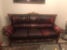 Vintage-Style Leather Sofa Set, 3 Seater, 2 Seater And Single Armchair Wood