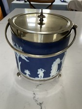 Wedgewood Jasper Ware Blue Biscuit Barrel with Lid and Handle Vintage