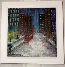 Original Oil Painting A Rainy Evening London Street Scene with London Bus Signed