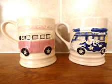 2 Colourful mugs - VW Camper vans in relief “100% SLOW” & “SURFING”