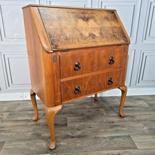 Antique Vintage H. Lebus Queen Anne Style Walnut Veneer Bureau Writing Desk