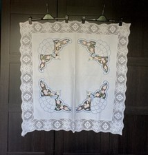 Stunning vintage table cloth with embroidered lady to each corner, lace edge