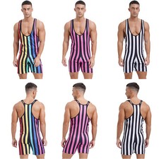 Mens One-Piece Stripe Wrestling Singlet Sleeveless Leotard Bodysuits Rompers