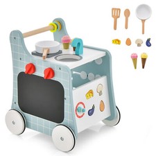 6-in-1 Wooden Baby Stroller Toddler Push and Pull Activity Center-Blue