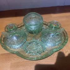 Vintage Green Glass Dressing Table Set With Butterfly And Flower Pattern
