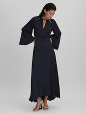 REISS Andra Flute Sleeve Midi Dress in Navy UK Size 16
