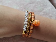 Set Of 3 Autumn, Pumpkin Clay Beads Bracelets, Handmade, Orange, Elastic 