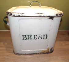 VINTAGE ENAMEL CREAM & GREEN BREAD BIN 12" HIGH 12.5" WIDE 10.5" DEEP DISTRESSED