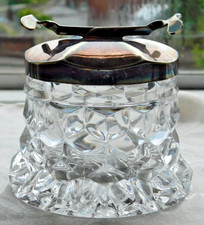 RARE AMERICAN FOSTORIA CUBE CUBED GLASS SUGAR POT BOWL SILVER PLATED LID + TONGS