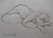 Female Nude Hand Drawn Pencil Drawing of a Model Reclined Pose Lying On Her Side