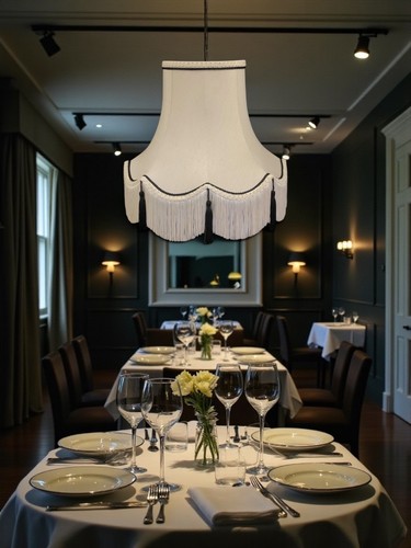 Cream fabric table - , lampshades