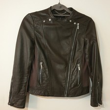 Karen Millen Leather Jacket Size 10 8 Womens Real 100% Genuine Eur 38 Zip Biker