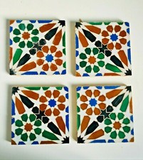 4 ANTIQUE CERAMIC TILES, Spanish Moroccan Moorish Alhambra Geometric, Malibu