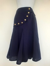 Vintage Skirt Blue Midi Wool Blend Gold Button Smart Retro Nautical  Size 