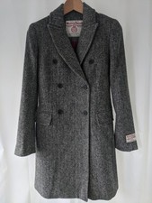 WOMEN'S HARRIS TWEED COAT DOUBLE BREASTED GREY BLACK HERRINGBONE UK6 P2P 17"