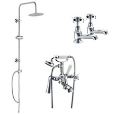 Traditional Bath Shower Mixer With 3 Way Round Rigid Riser Kit & Basin Taps Pair