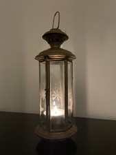 Vintage Antique Hexagonal Brass And Etched Glass Candle Lamp Lantern