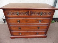 QUALITY OLD CHARM WOOD BROS CARVED OAK CHEST OF DRAWERS, 5 DRAWERS, SUPER CHEST.