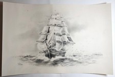 Herbert W Hellings Drawing “Clipper Ship at Sea” Maritime Sailing Art 