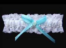 Bridal Wedding Garter White with Blue Bow and Pearl Heart Something Blue lace