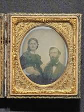 Rare 1/6 Plate Daguerreotype Couple Cased Civil War Era Hand Tinted 1850s Photo