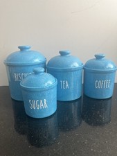 Set Of Four Blue Storage Jars With Lids For Biscuits Tea Coffee And Sugar