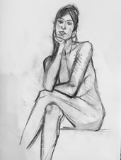 Female Nude Life Drawing Charcoal Original Art, Premium White Paper 30x34cms