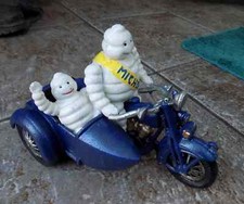 Cast Iron " MICHELIN MAN With Passenger on Blue Harley Motorcycle & Sidecar