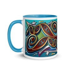 FAIRGROUND SCROLLS Artwork Mug Light Blue Funfair Ride Waltzer Skid Roundabout