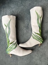 White Leather Boots 38 Hand Painted Kitten Heel Knee High