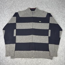 Lacoste Jumper Mens Large FR 5 Grey Navy Wool Blend Knit Full Zip Cardigan Logo